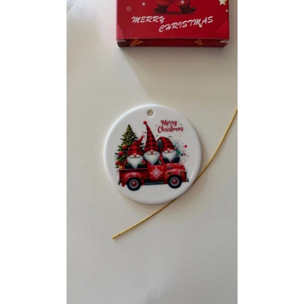 Gnome Christmas Ornament Red Truck Ceramic Buffalo Plaid Tree Holiday Decor